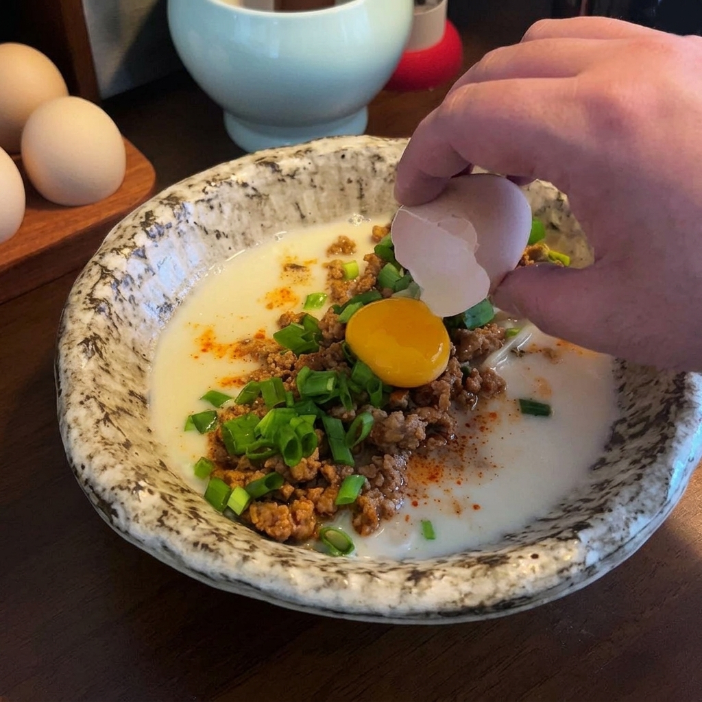 Main cassant un œuf frais pour laisser tomber le jaune doré directement au centre du bol de ramen préparé.