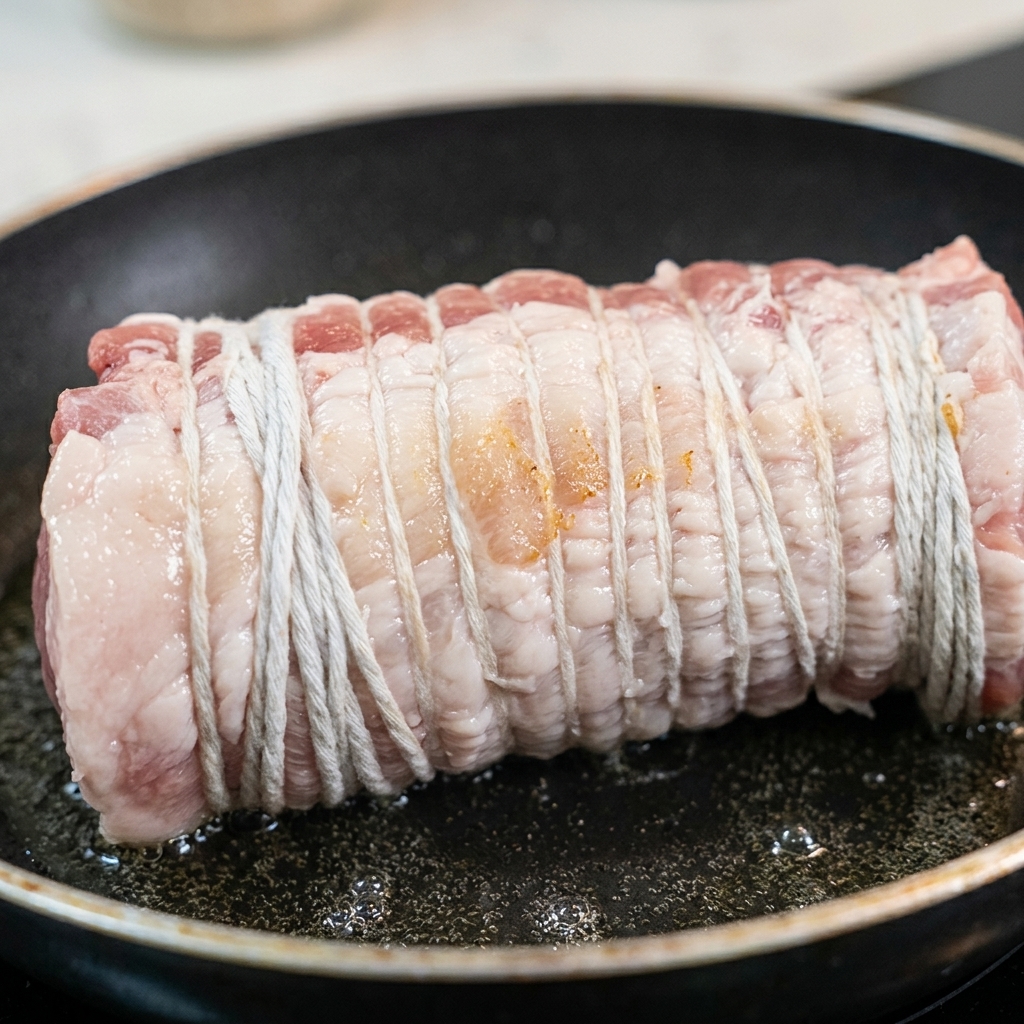 Un rouleau de poitrine de porc ficelé saisi dans une poêle chaude jusquà ce quil soit doré.