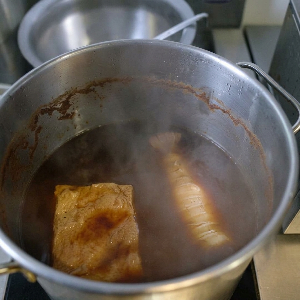 Un rouleau de porc saisi mijotant dans une sauce chashu sombre et savoureuse dans une grande marmite métallique.