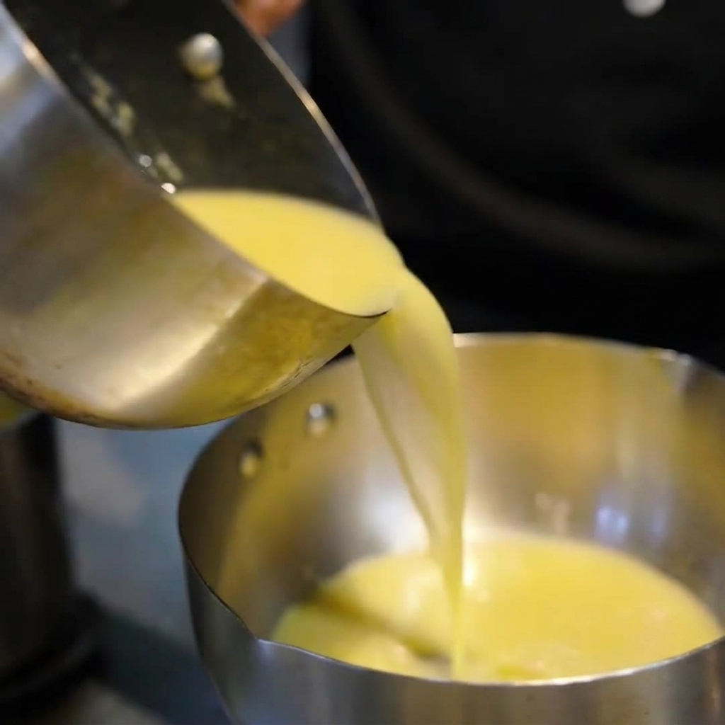 De la pâte miso maison ajoutée dans une casserole de bouillon chaud.