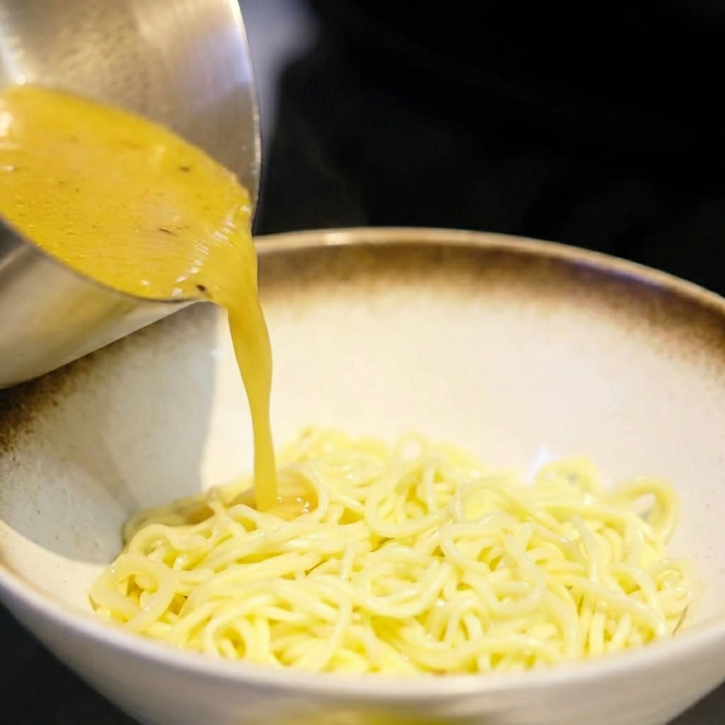 Gros plan sur un bouillon miso doré et chaud versé dune louche en inox dans un bol contenant un nid de nouilles ramen cuites.