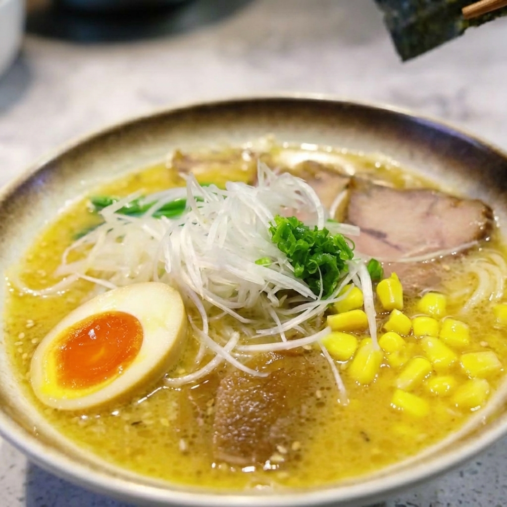 Vue de dessus dun bol de ramen miso complété, avec du chashu tranché, un œuf mollet coupé en deux, du maïs jaune vibrant et un tas doignons verts frais.