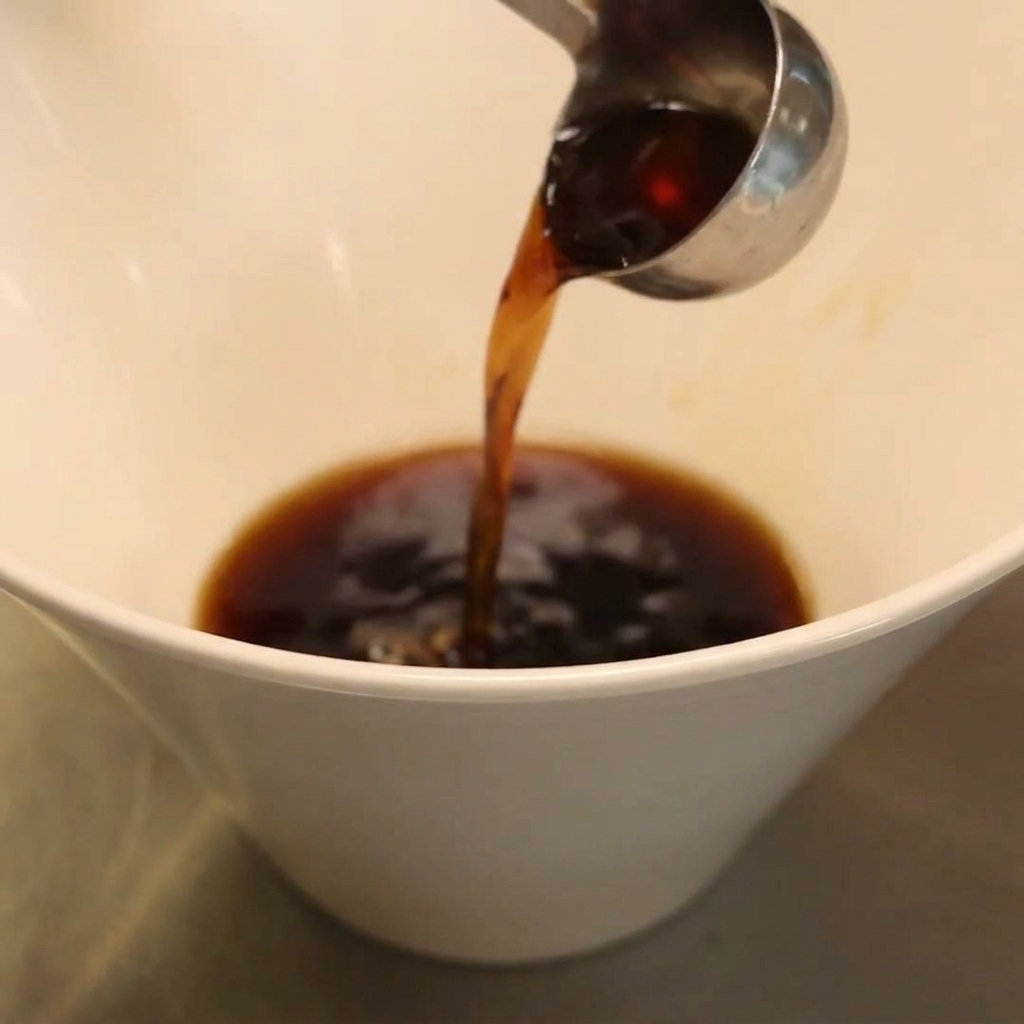 Un assaisonnement liquide sombre versé dune louche en métal dans un bol blanc profond.