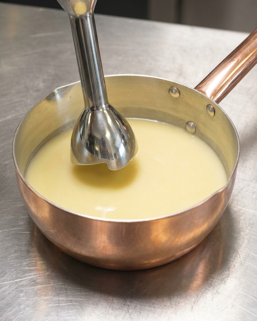 Un mixeur plongeant reposant à lintérieur dune casserole en cuivre remplie de bouillon de poulet crémeux.