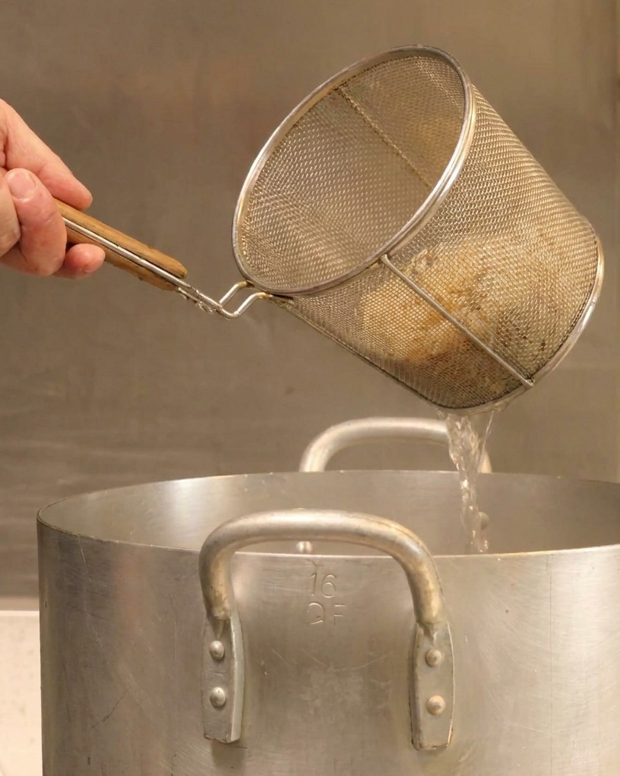 Une main tenant un panier passoire à nouilles en fil métallique au-dessus dune grande casserole, secouant leau bouillante.