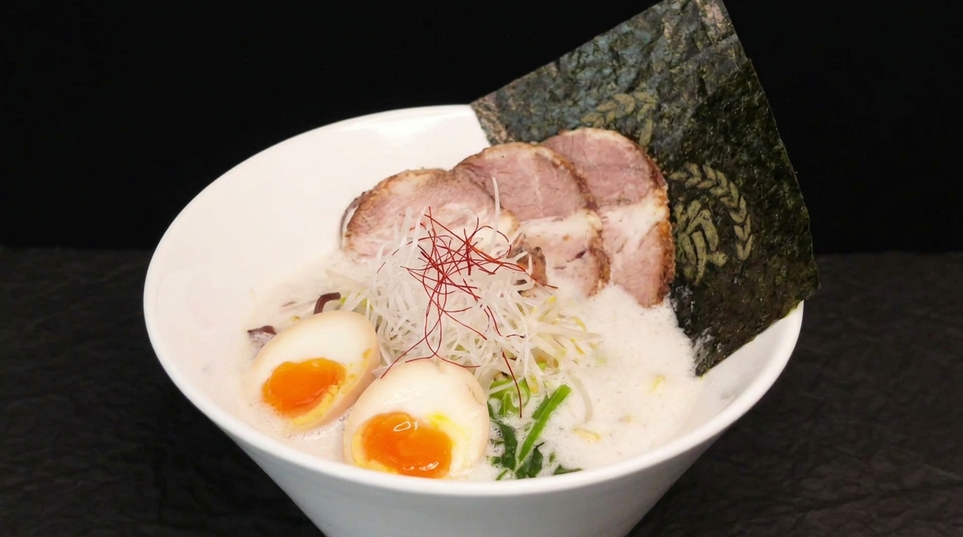 Un bol de Ramen au Poulet Paitan crémeux surmonté de chashu, dœufs mollets, de champignons wood ear et daromates frais.