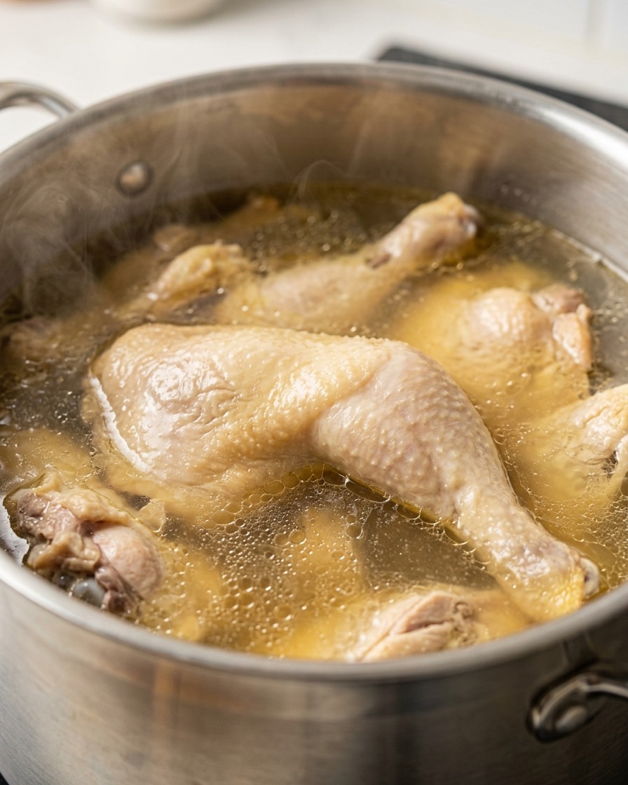 Morceaux de poulet mijotant dans une grande marmite deau sur la cuisinière.
