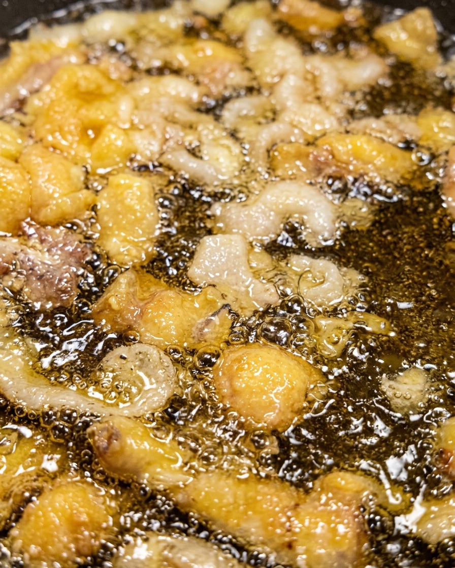 Peaux de poulet faisant fondre leur graisse dans une poêle à feu doux.