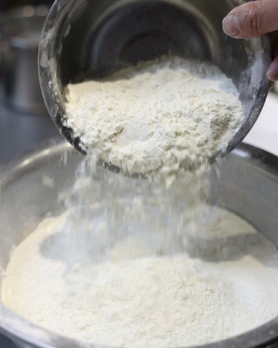 Farine et eau alcaline en cours de mélange dans un robot pâtissier.