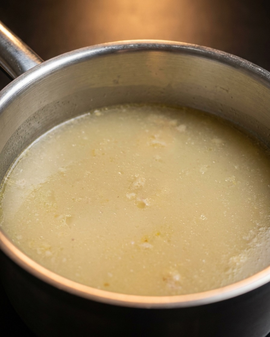 Purée de viande de poulet incorporée dans le bouillon de poulet bouillant.