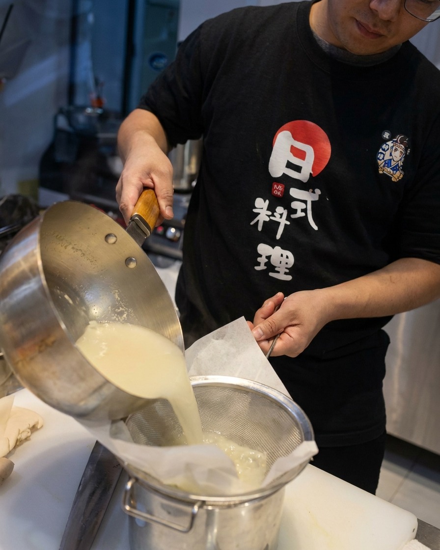 La soupe de poulet blanche filtrée à travers un chinois avec un filtre en papier.