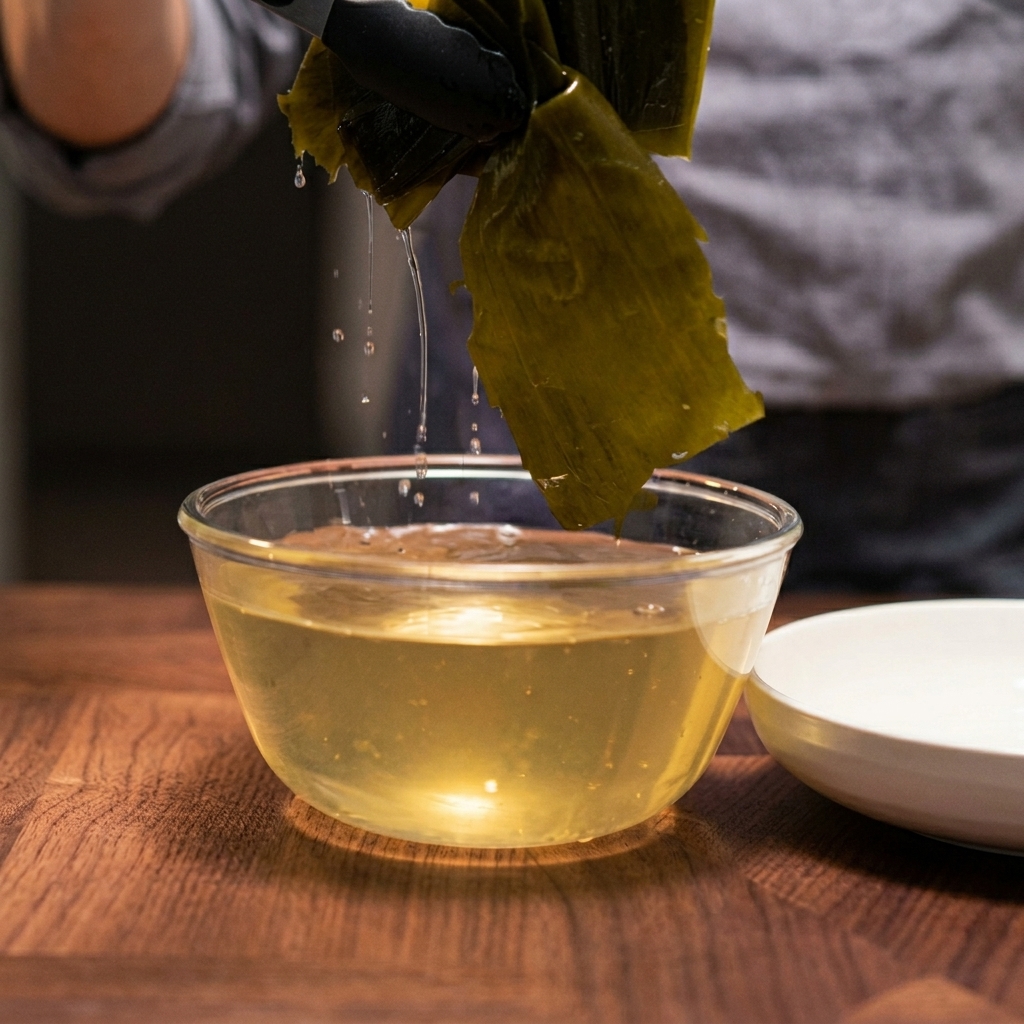 Gros plan de pinces sortant un morceau de kombu réhydraté dun bol de liquide doré.