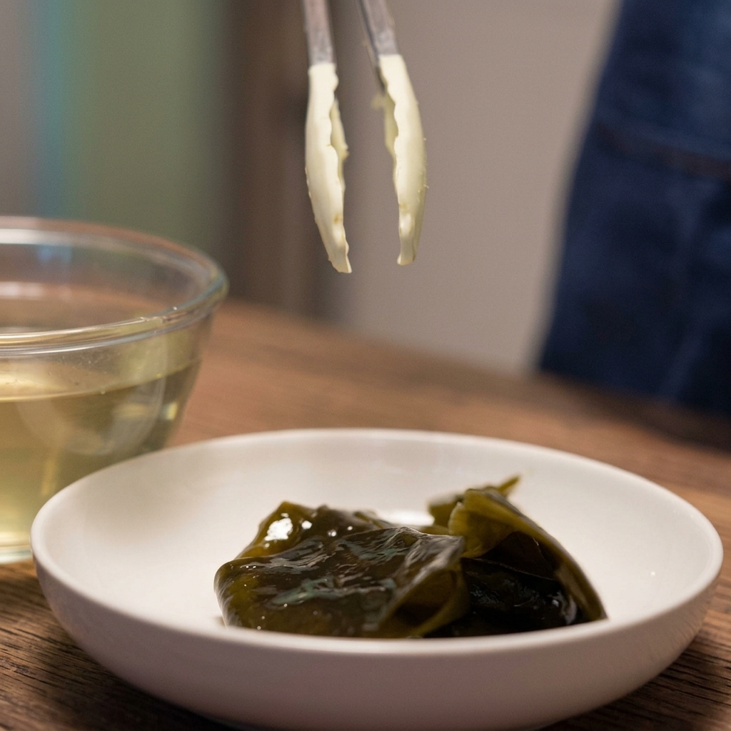 Leau infusée au kombu versée dans une casserole en verre sur un plan de travail en bois.