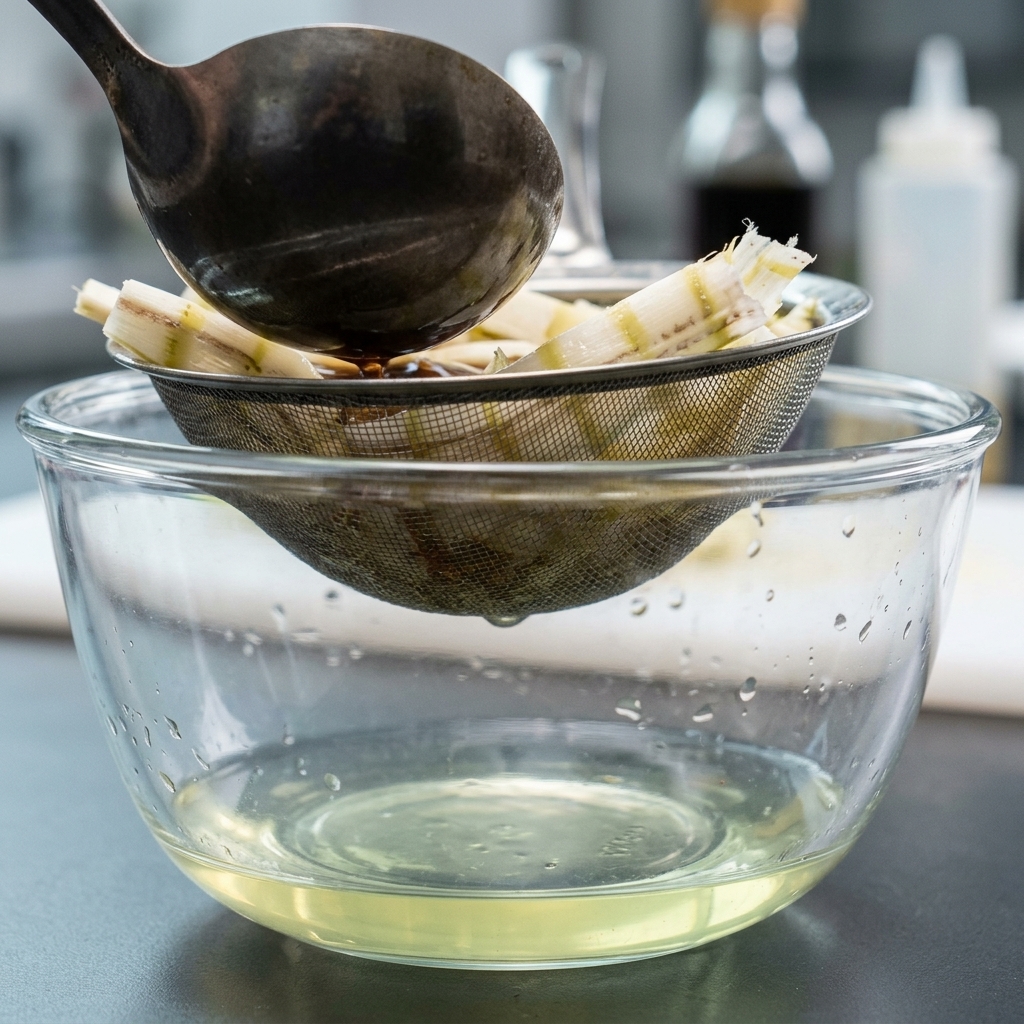 Filtrage du bouillon trouble à travers une passoire fine recouverte dun linge, au-dessus dun bol en verre transparent.