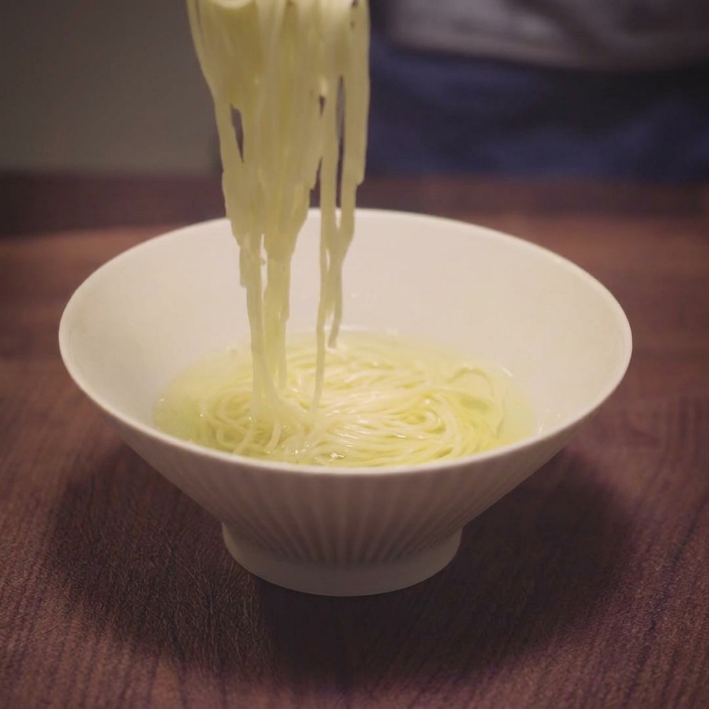 Des baguettes déposant un nid de nouilles ramen fines cuites dans un bol rempli dun bouillon clair et doré.