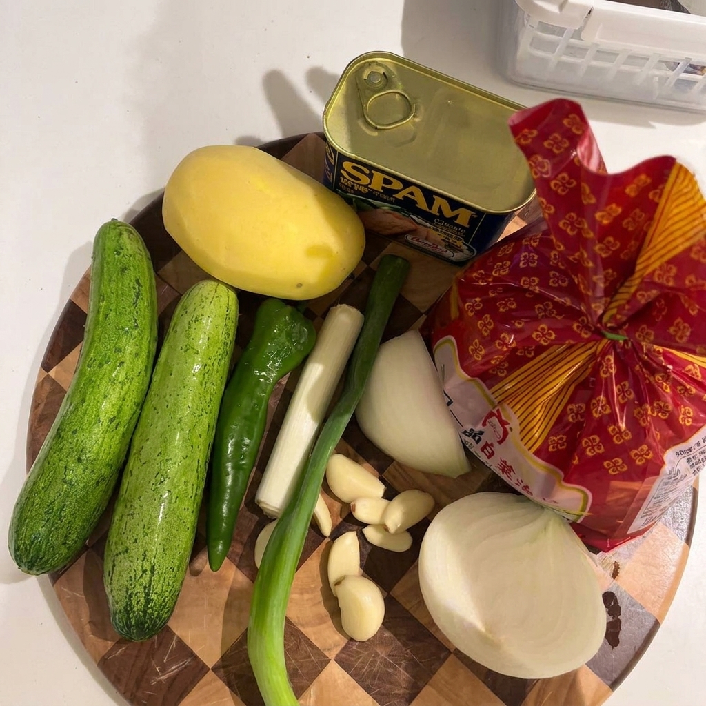 Morceaux de poulet, pomme, oignon, oignon vert et gingembre dans la cuve de lautocuiseur.
