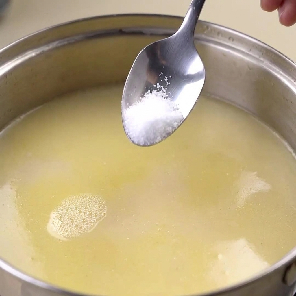 Une petite cuillère en métal contenant du sel abaissée avec précaution dans une marmite de bouillon de poulet crémeux.