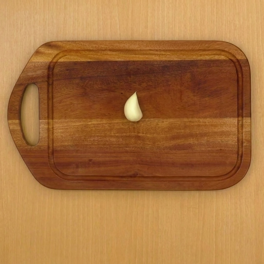 Une gousse dail écrasée sur une planche à découper en bois avec un couteau.