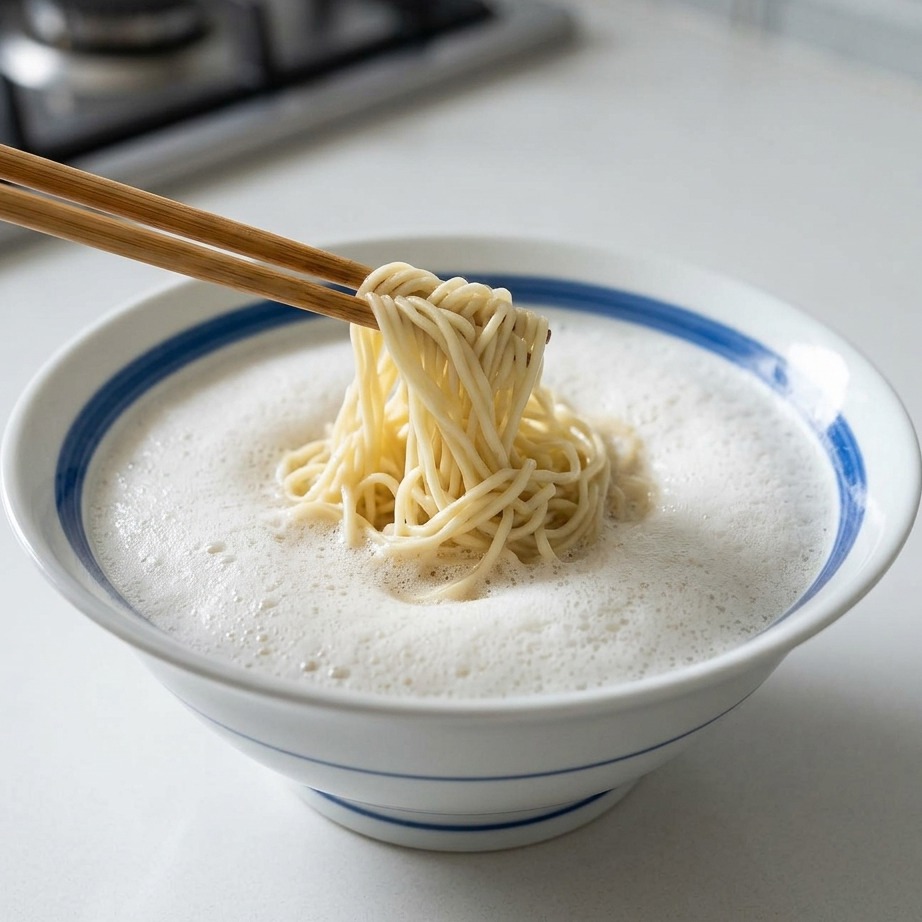 Un bol de ramen finalisé en versant le bouillon de poulet crémeux chaud sur les nouilles.