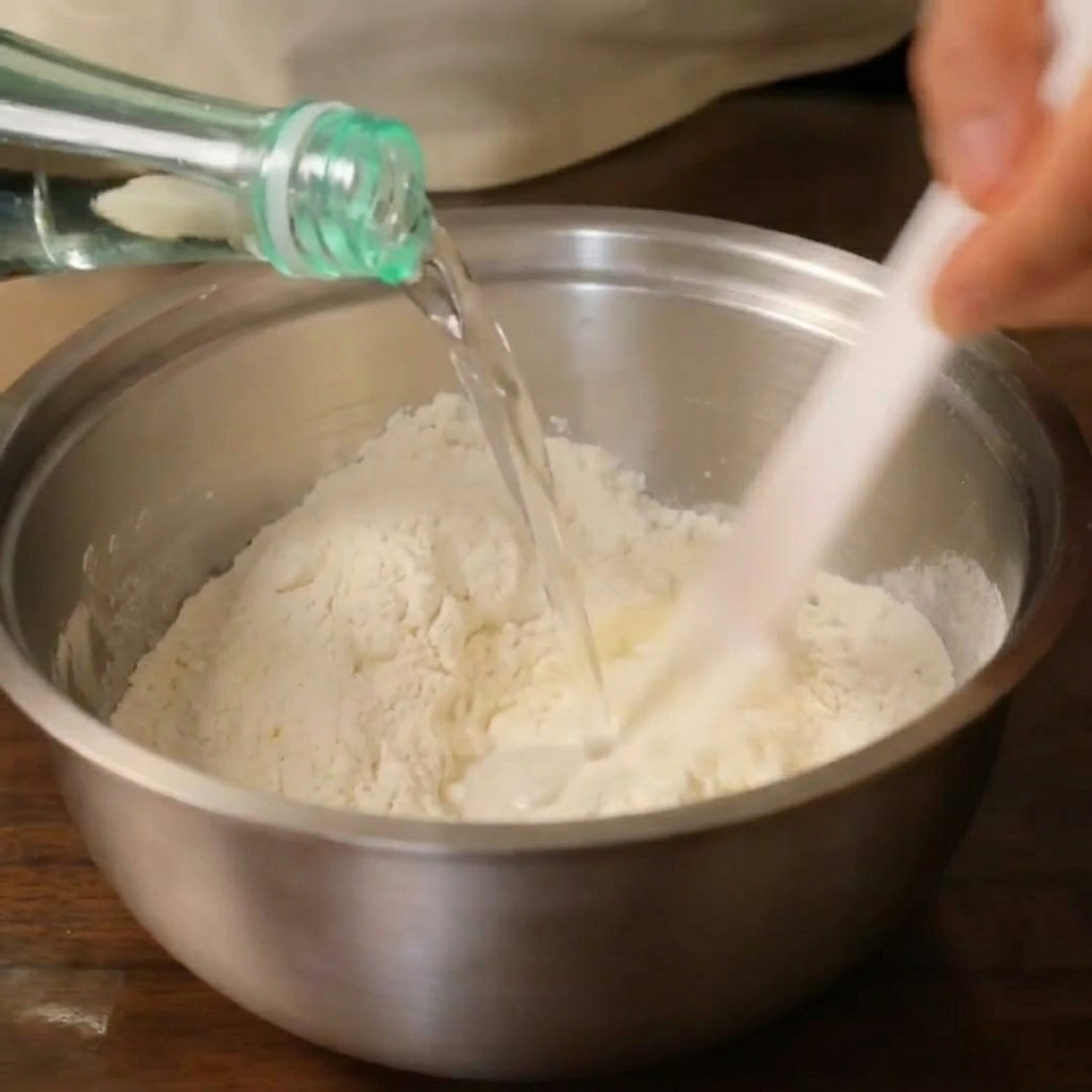 Eau versée dans de la farine riche en gluten dans un bol en métal, remuée avec une spatule.