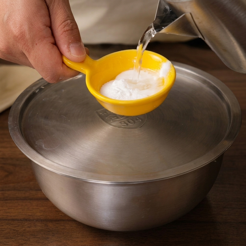 Eau tiède versée depuis une bouilloire dans une cuillère doseuse jaune contenant de lalcali.