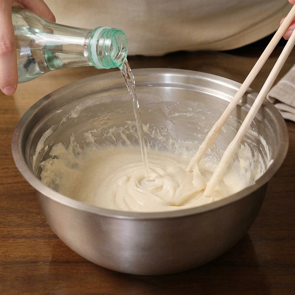 Eau versée depuis une bouteille dans la pâte à la farine, remuée avec des baguettes en bois.
