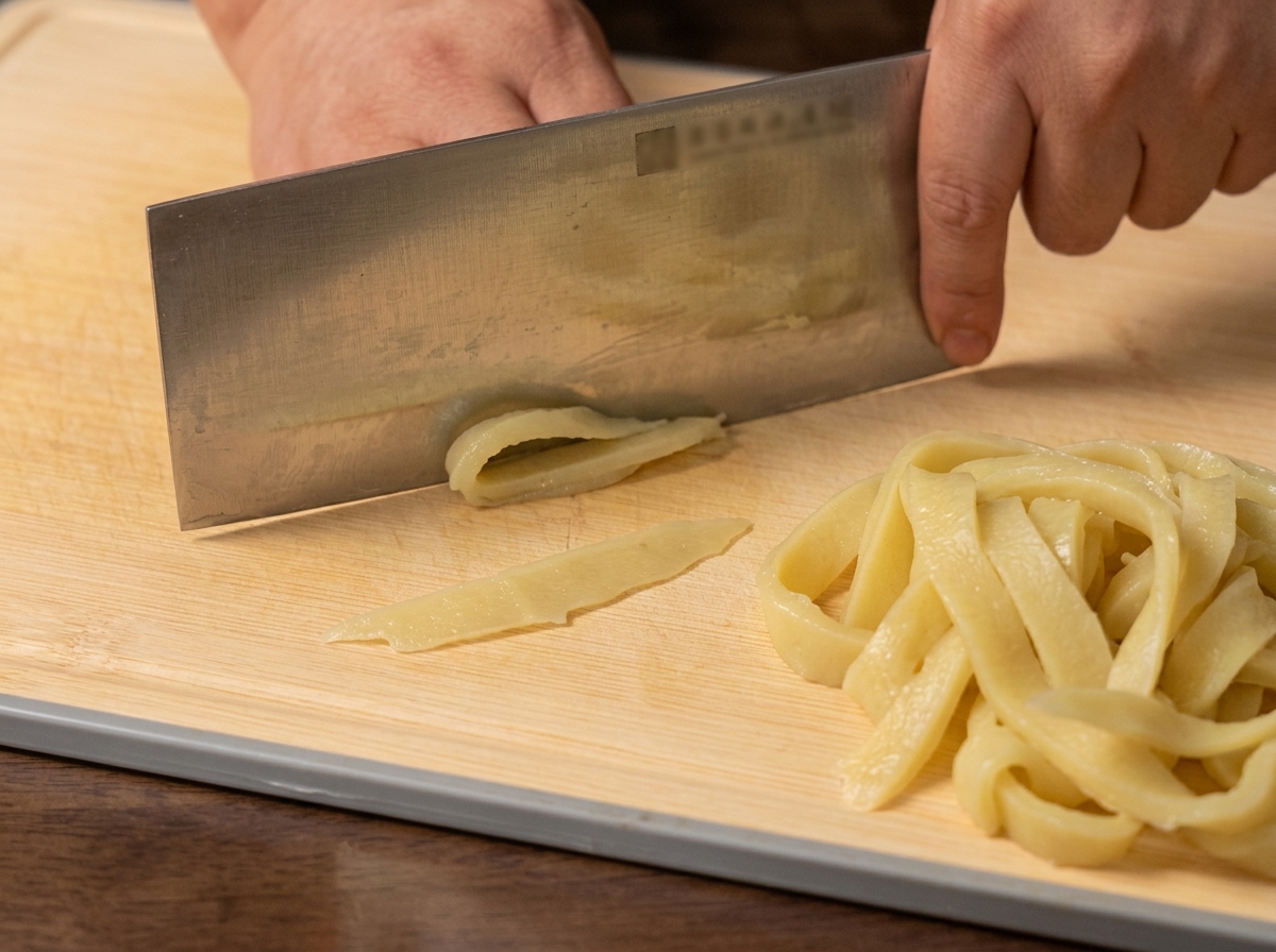 Grand couteau coupant une feuille de pâte repliée en larges nouilles sur une planche en bois.