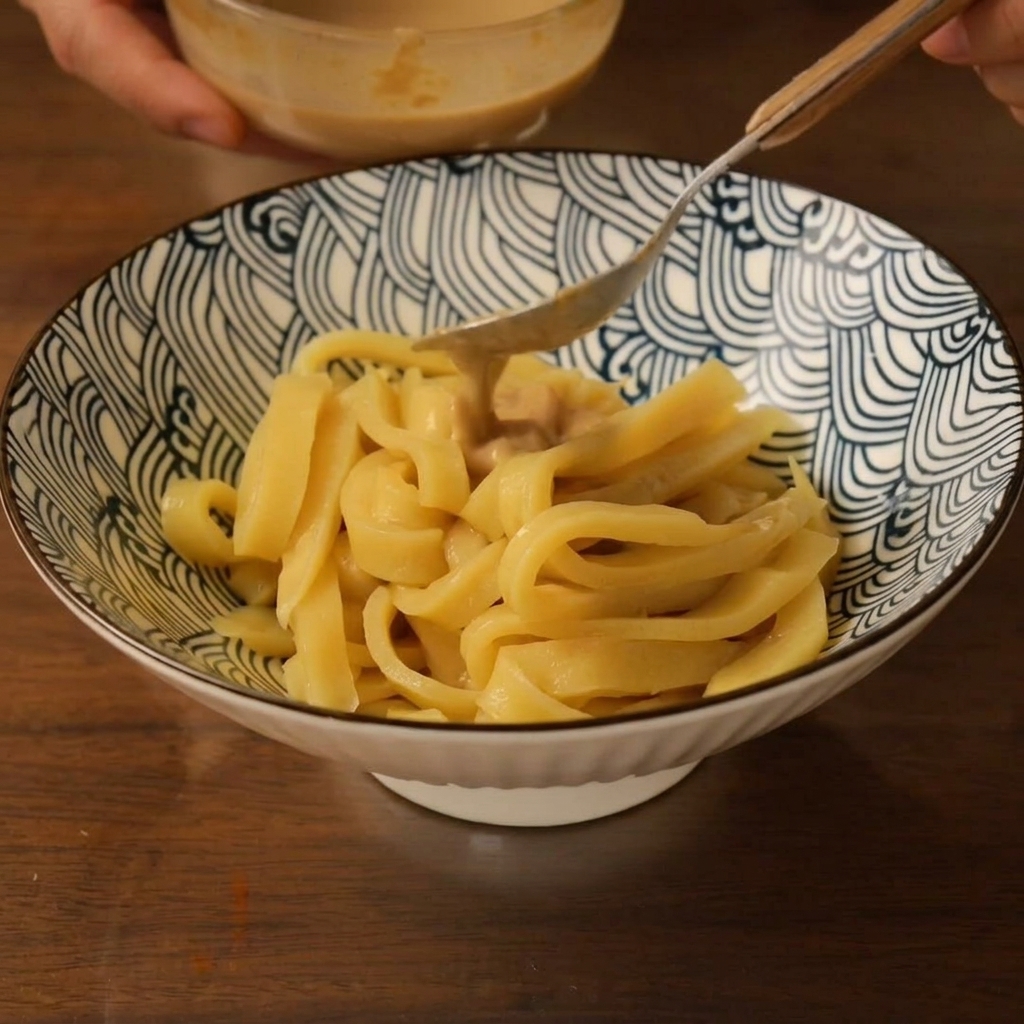 Cuillère versant de la sauce tahini et moutarde sur un bol de nouilles fraîchement coupées.
