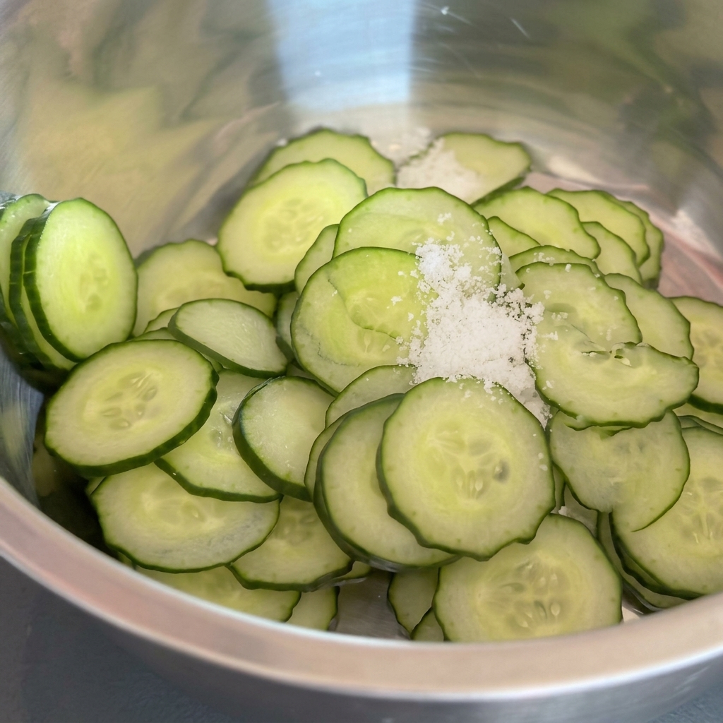 Tranches de concombre frottées avec du sel dans un bol mélangeur en métal.