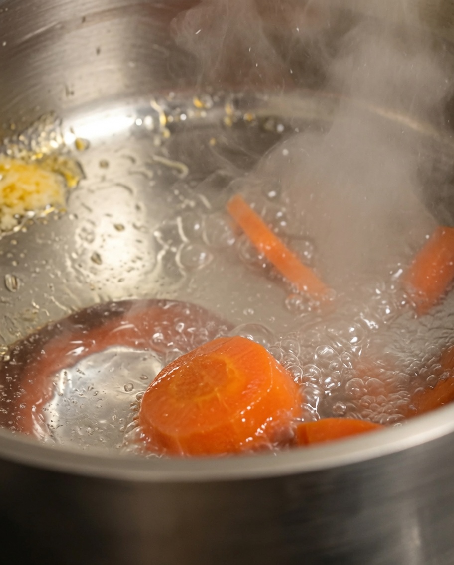 Rondelles de carottes cuisant dans une casserole deau bouillante.