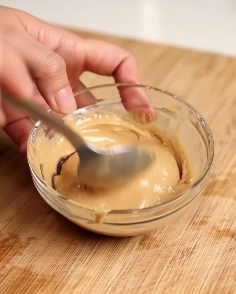 Pâte de sésame mélangée avec une cuillère en métal dans un bol.