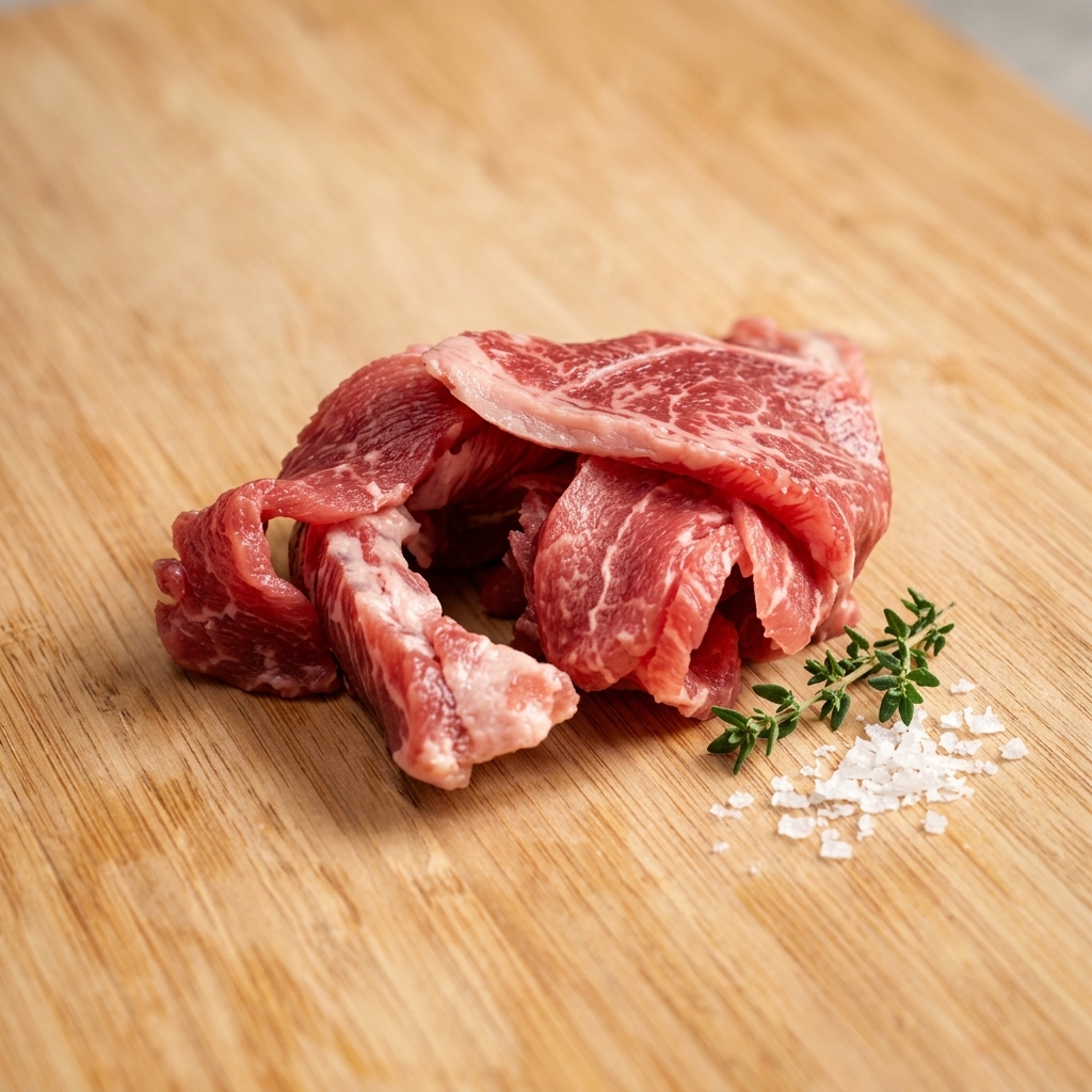 Morceau de porc marbré haché au couteau sur une planche en bois.