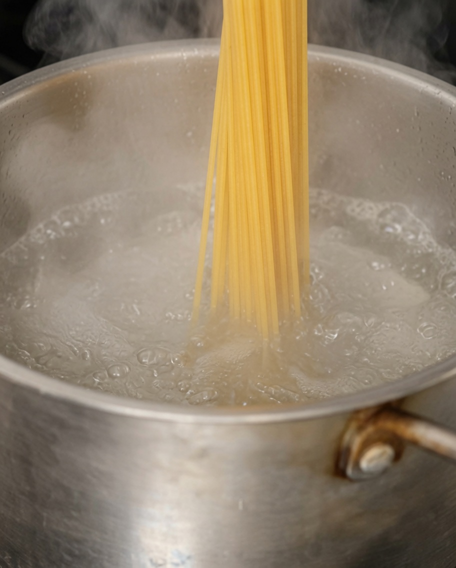 Spaghettis plongeant dans une grande marmite deau bouillante salée.
