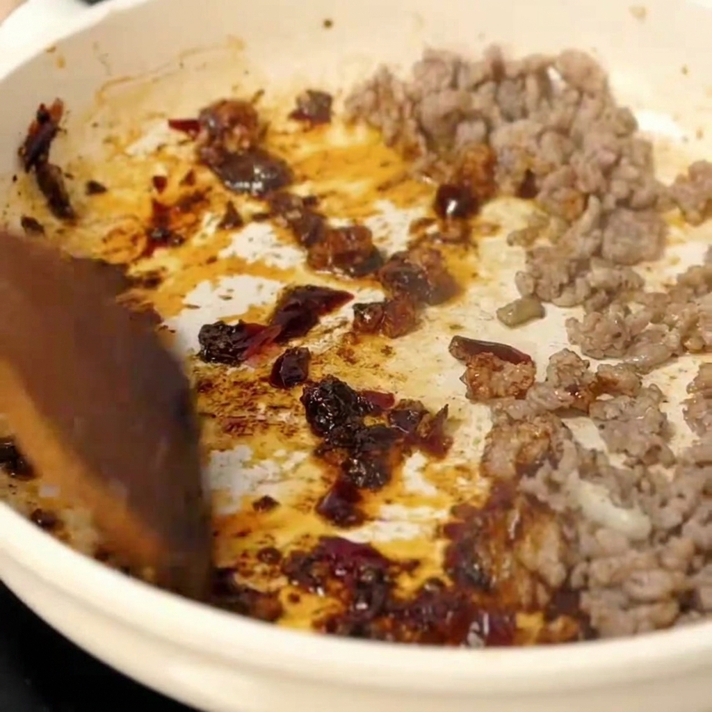 Doubanjiang rouge ajouté à la poêle avec le porc.