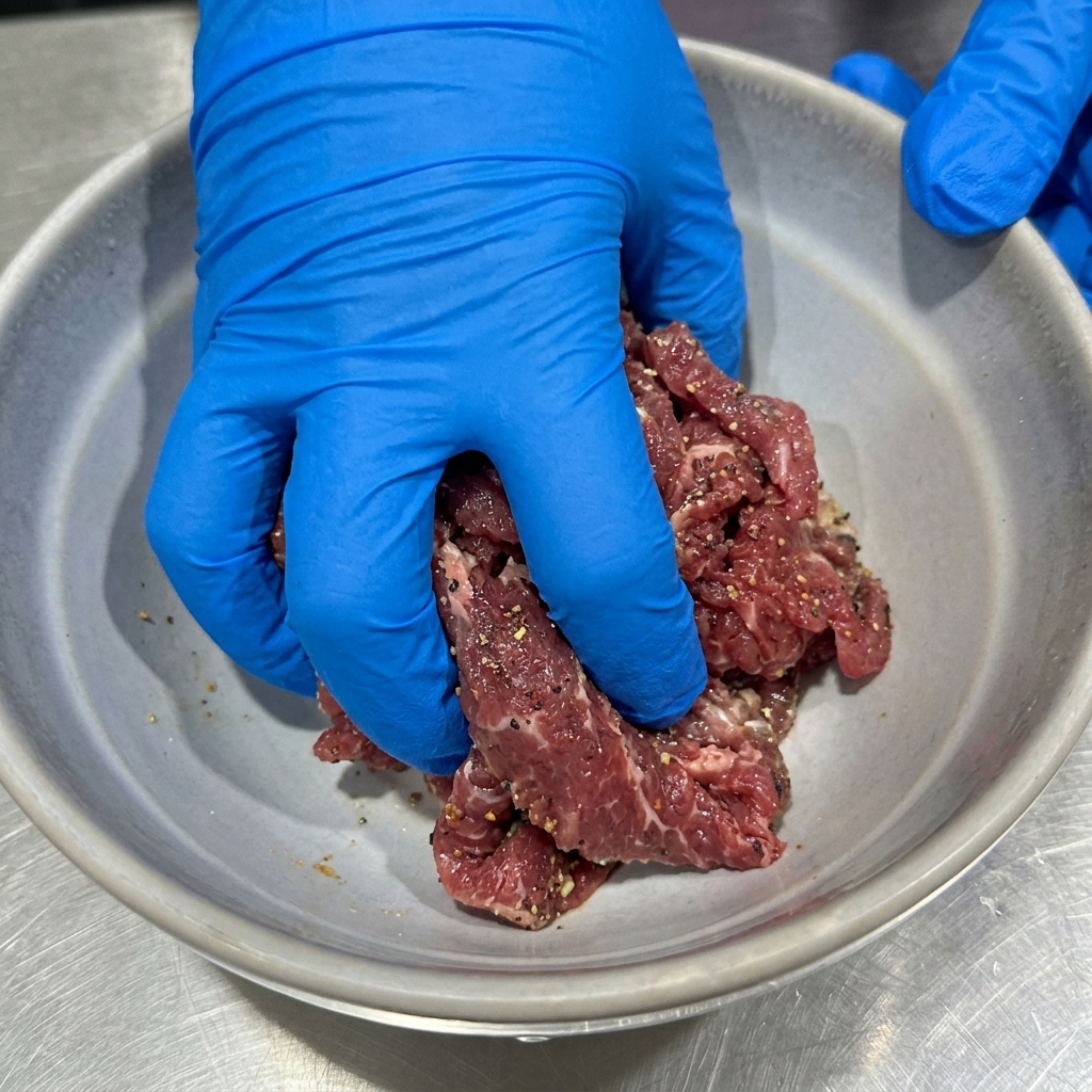 Mains gantées mélangeant le bœuf assaisonné dans un bol avant lajout dhuile.