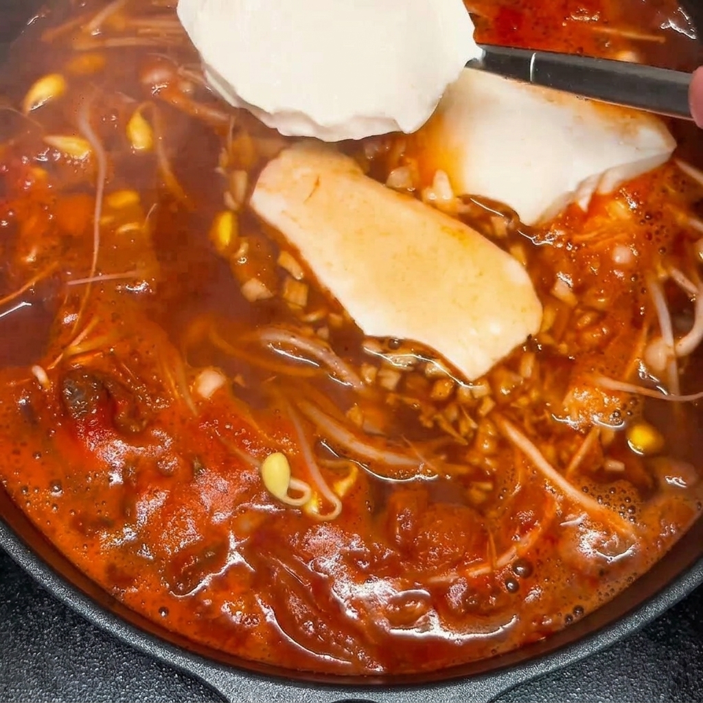 Gros morceaux de tofu soyeux délicatement déposés dans le bouillon épicé.