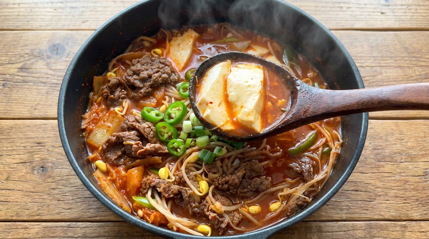 Un bol fumant de soupe épicée au kimchi, bœuf et tofu, garni de champignons enoki.