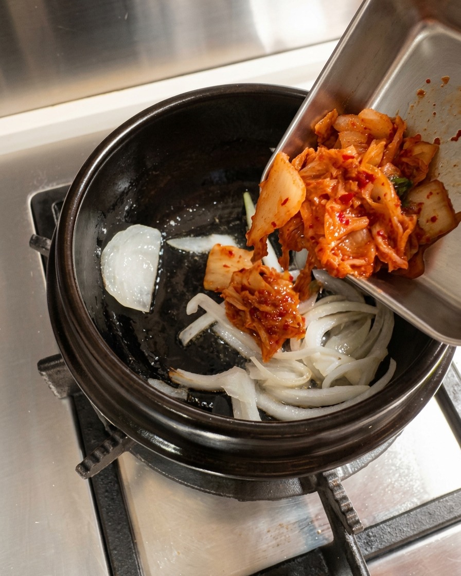 Le kimchi est ajouté au poêlon et mélangé avec les oignons sautés.