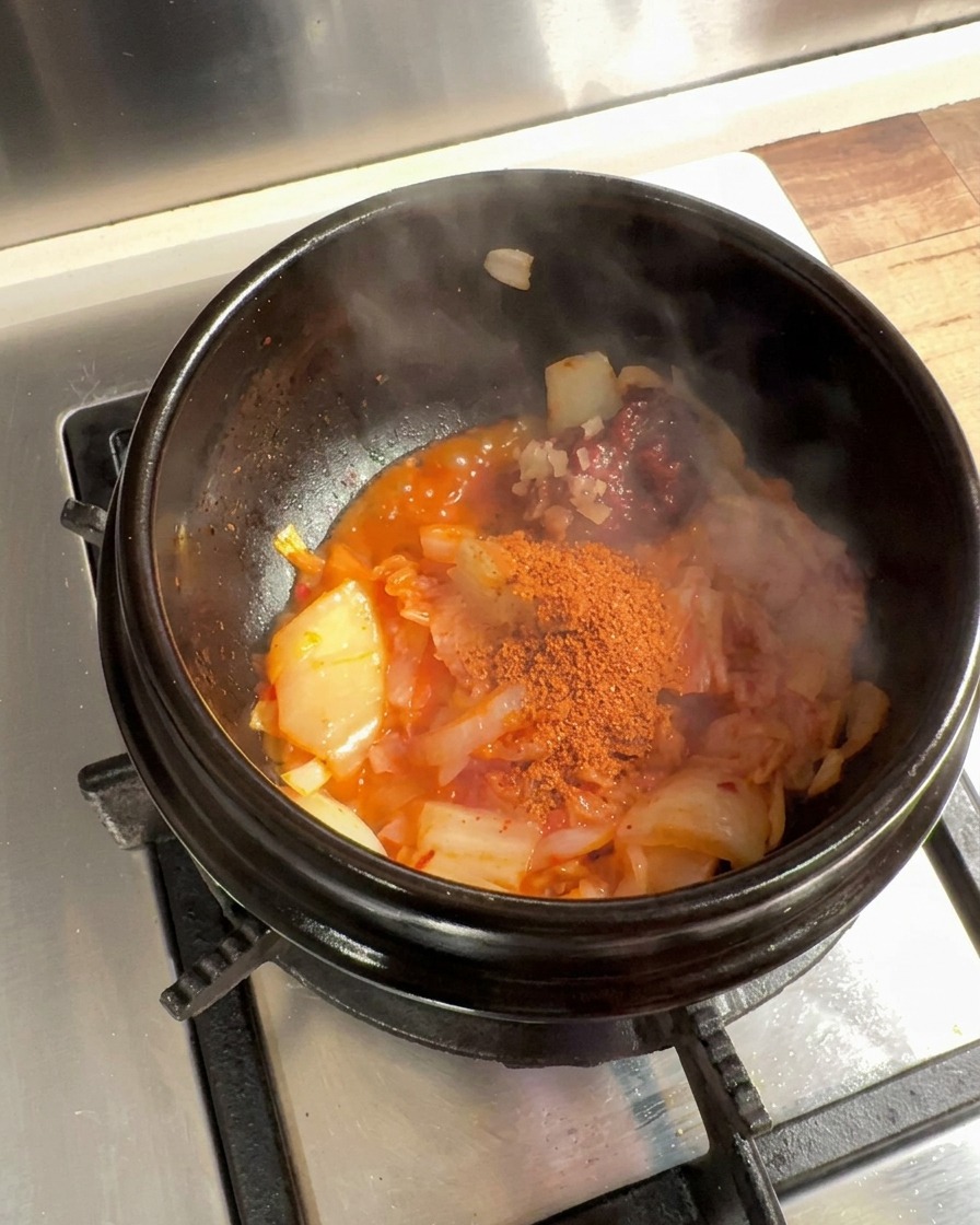 La poudre de piment, le sucre et la sauce soja sont saupoudrés sur la base de kimchi.