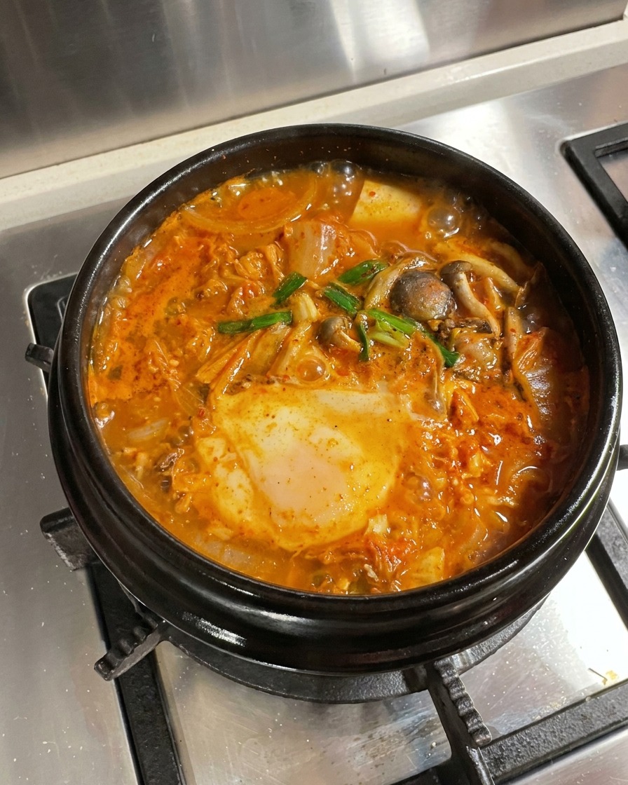 Un poêlon de ragoût de kimchi fini, garni doignons verts et de tranches de piment.