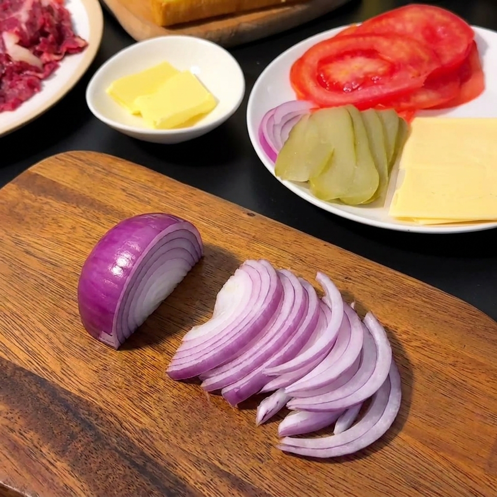 Morceaux doignon rouge finement émincés et soigneusement disposés sur une planche à découper en bois à côté dun couteau de cuisine.