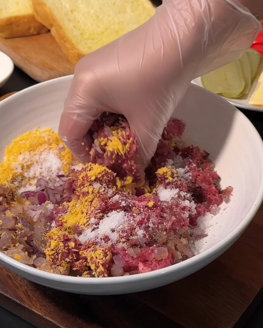 Steak de bœuf cru et rond dans un bol blanc, prêt à être cuit.
