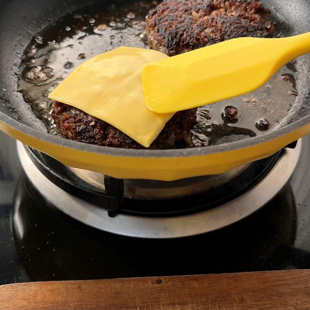 Tranches de fromage jaune fondant sur des steaks de bœuf dans une poêle, avec une spatule jaune visible.