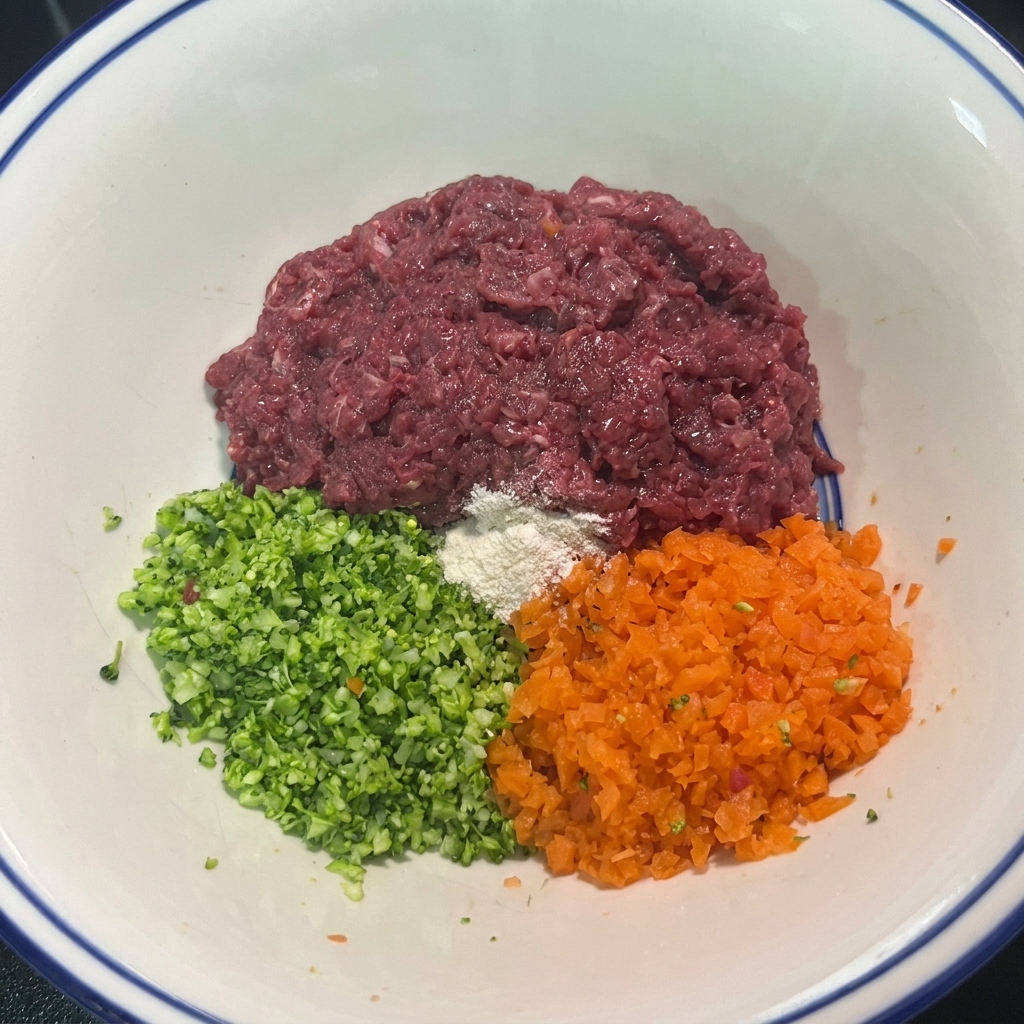 Un bol contenant du bœuf haché, du brocoli et des carottes finement hachés, avec des assaisonnements prêts à être mélangés.