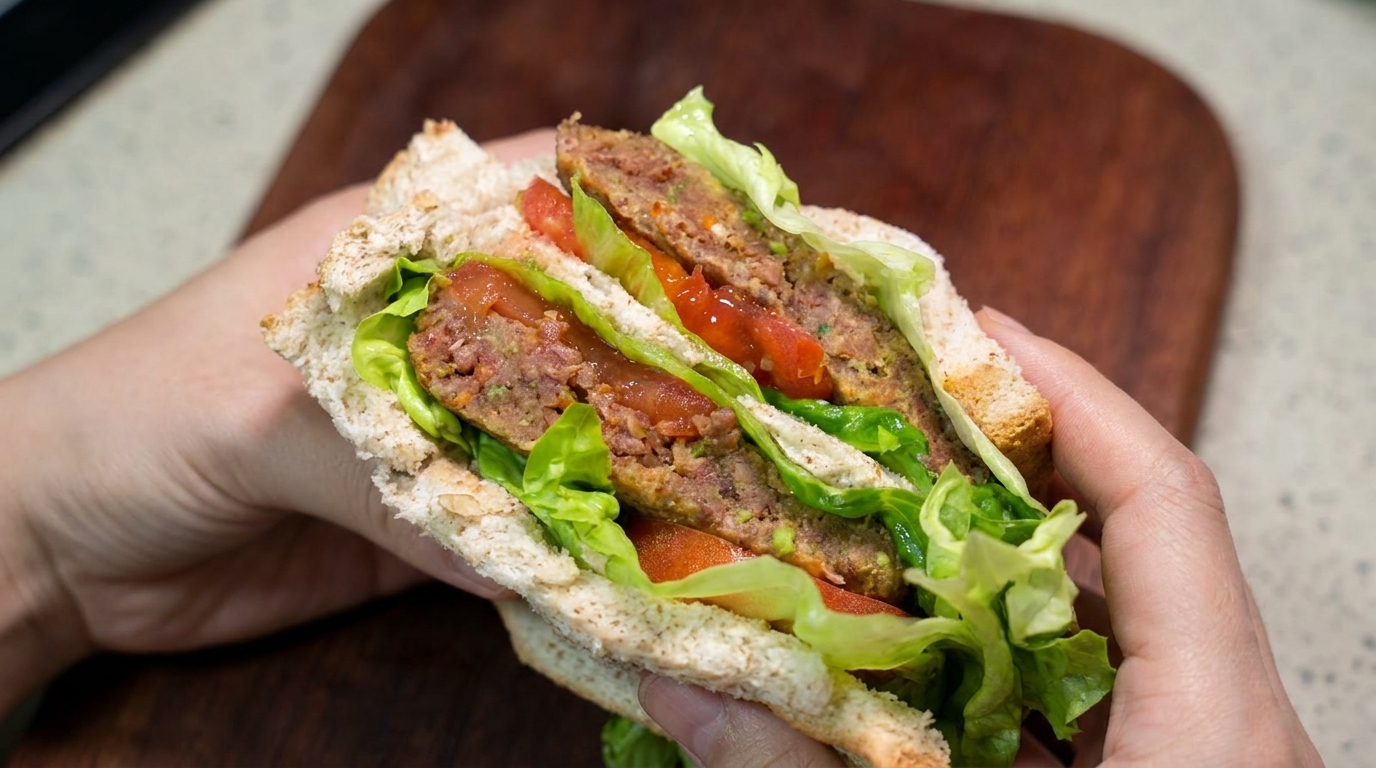 Un sandwich au bœuf généreux, garni de laitue fraîche et de tomates sur pain complet.
