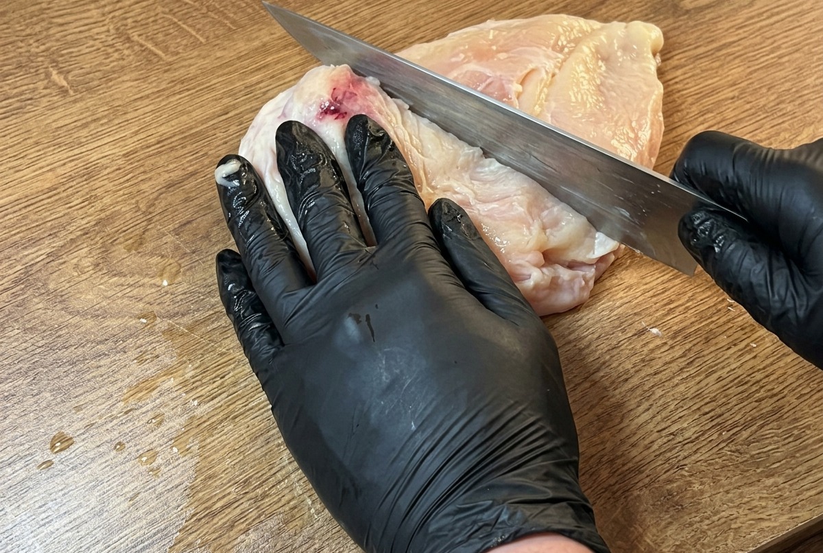 Un blanc de poulet cru sur une planche en bois, débarrassé de son aponévrose avec un couteau de chef.