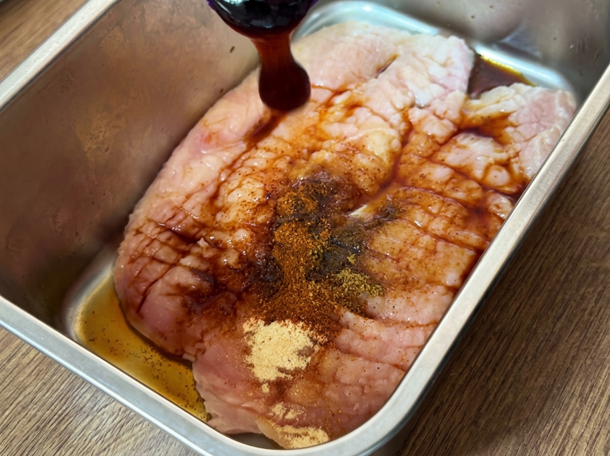 Blanc de poulet assaisonné dans un récipient en métal avec diverses épices et sauces ajoutées.