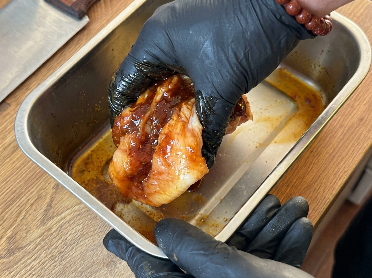 Main portant un gant noir massant une marinade foncée dans le blanc de poulet.
