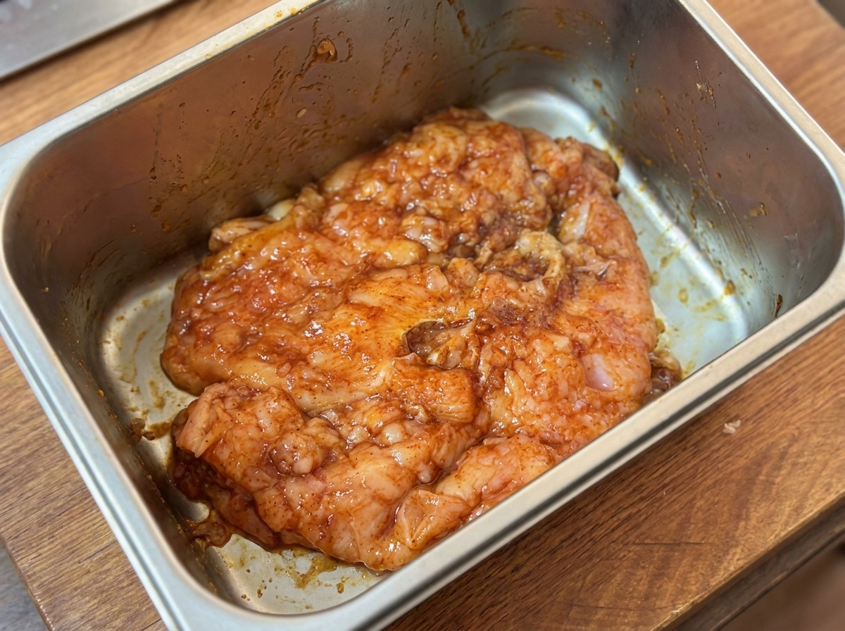 Récipient en métal contenant du poulet mariné recouvert dun film plastique transparent.