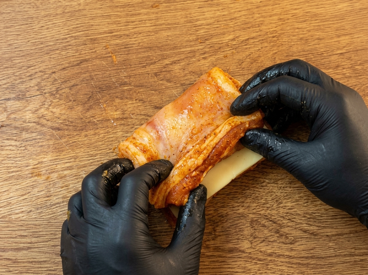 Poulet cru replié pour enfermer les tranches de fromage à lintérieur.